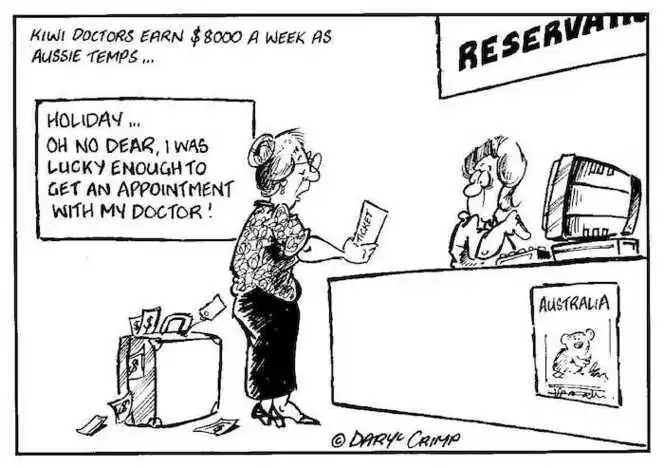Crimp, Daryl, 1958- :Kiwi doctors earn $8000 a week as Aussie temps... 'Holiday...Oh no dear, I was lucky enough to get an appointment with my doctor!' RESERVA(TIONS). AUSTRALIA. $$$. Ticket. 2 July, 2002.