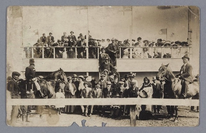 Crowd at racecourse grandstand near Waitangi, Chatham Islands