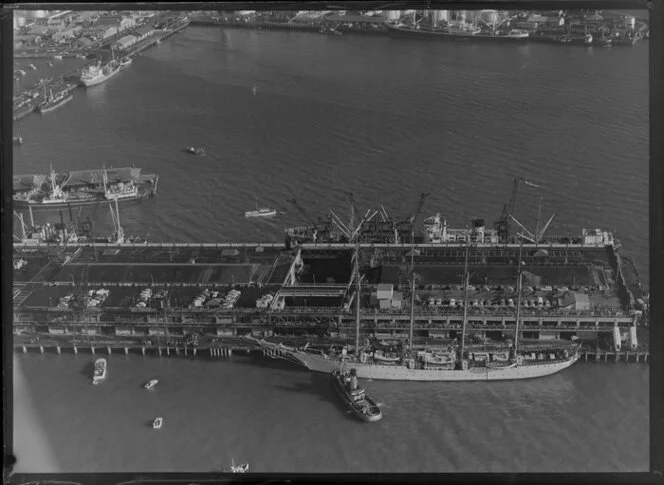Auckland wharf, and sailing ship Esmeralda