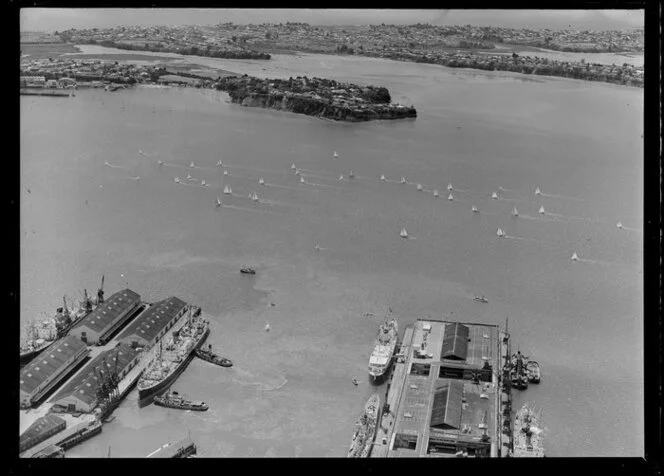 Auckland city wharves at the time or arrival of Royal Yacht Britannia