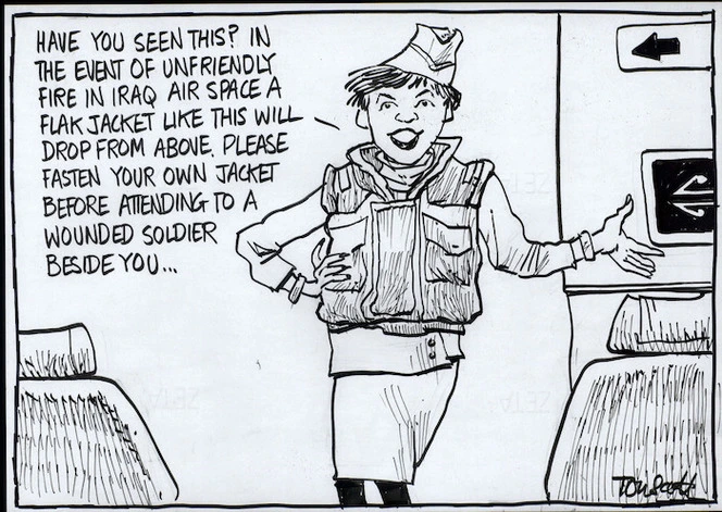 "Have you seen this? In the event of unfriendly fire in Iraq airspace a flak jacket like this will drop from above. Please fasten your own jacket before attending to a wounded soldier beside you..." 17 August, 2007