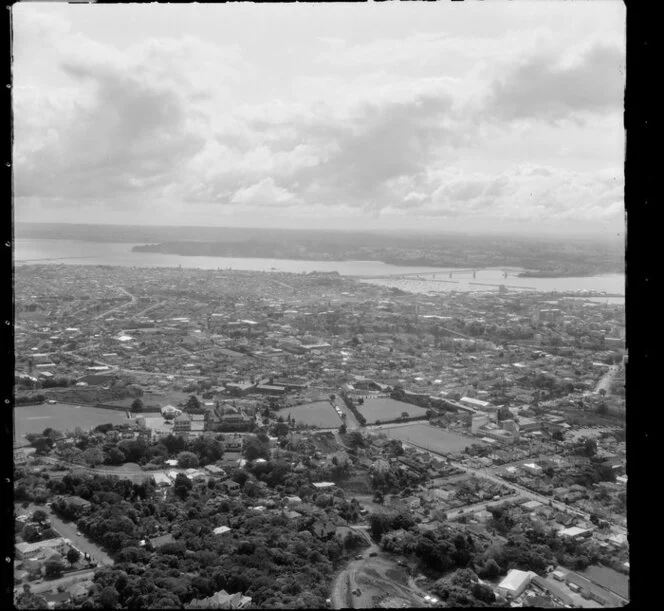 Suburb of Mount Eden, looking towards Harbour Bridge and North Shore, Auckland