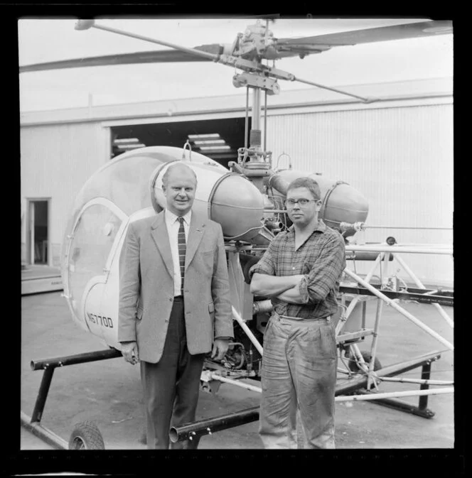 [Rudnick?] Helicopters Ltd at Ellerslie, Auckland, including John Reid (left) and J Hayburn