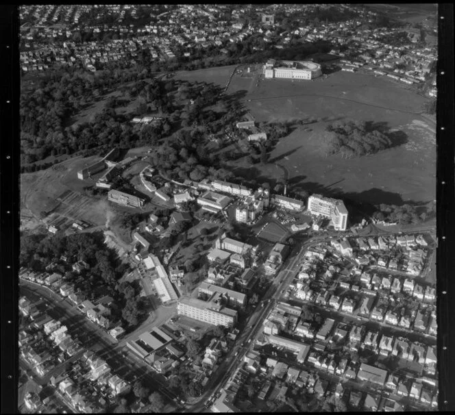 Site of Auckland Public Hospital, prior to construction of the clinical services block. The tallest building is the Wallace Block