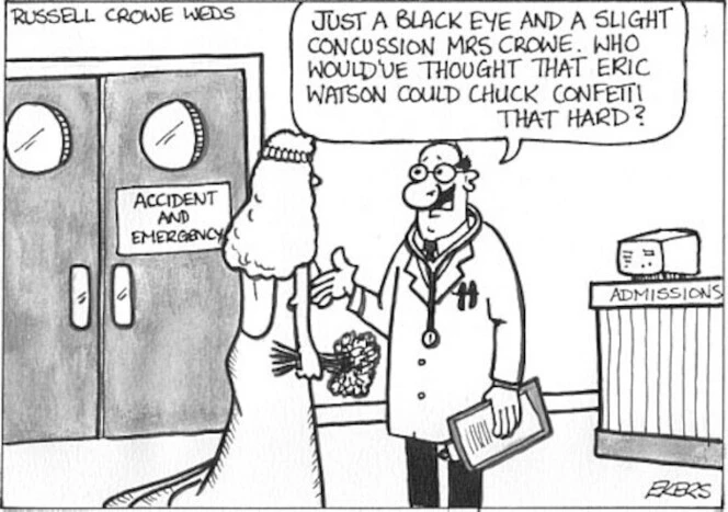 Russell Crowe weds. "Just a black eye and a slight concussion Mrs Crowe. Who would have thought that Eric Watson could chuck confetti that hard?" April, 2003