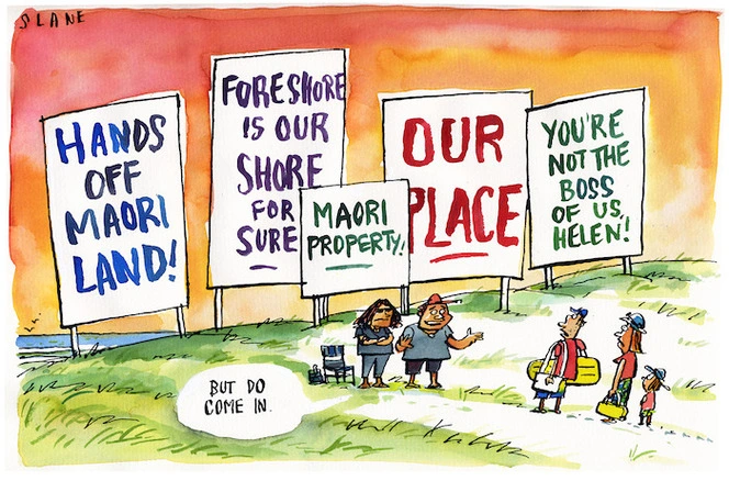 Hands off Maori land! Foreshore is our shore for sure! Maori property! Our place. You're not the boss of us, Helen! 3 October, 2003.