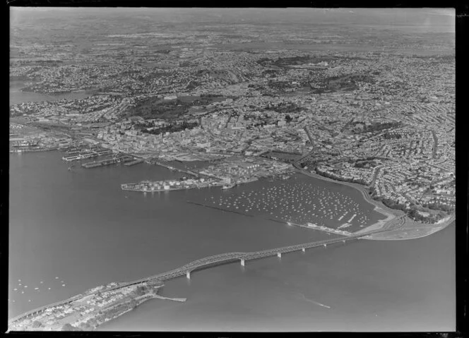 Auckland City, with harbour Bridge and Westhaven Marina