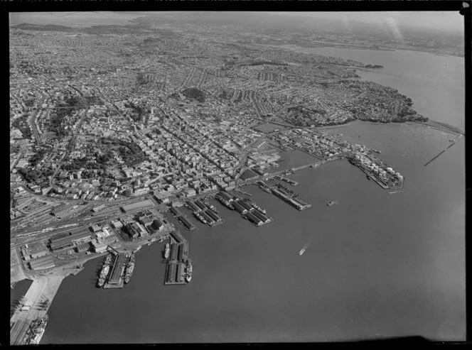 Auckland City with wharf area and Waitemata Harbour