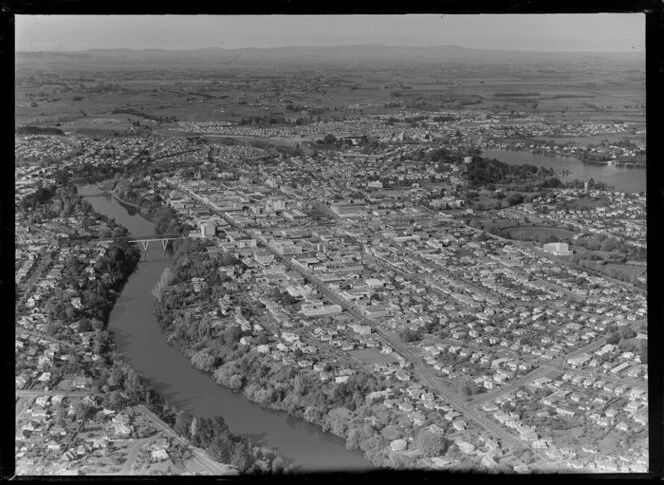 Hamilton with Waikato River and commercial centre, showing Victoria Street