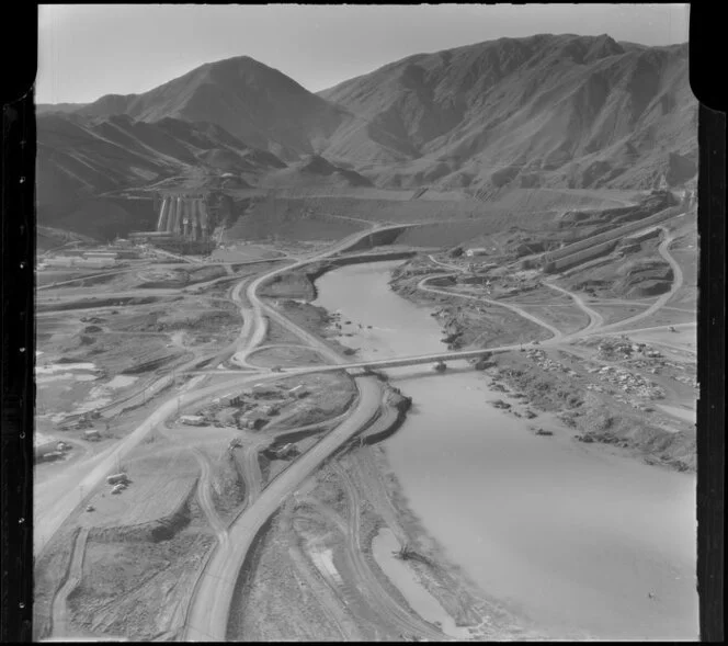 Benmore Hydroelectric Project under construction showing bridge over Waitaki River