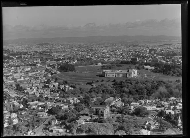 Parnell, Auckland, with St Mary's Cathedral and hall, with Auckland War Memorial Museum in middle distance