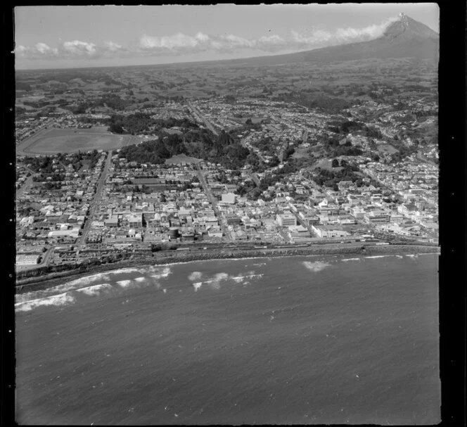 New Plymouth and Mt Taranaki from the Tasman Sea, including racecourse