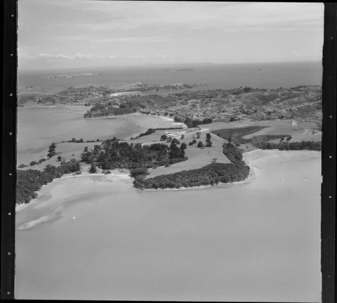 Looking over Putiki Bay and Putaki Bay towards Surfdale, Waiheke Island, Hauraki Gulf