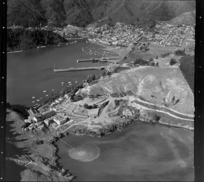 Picton, Marlborough District, featuring freezing works, harbour, and Shakespeare Bay