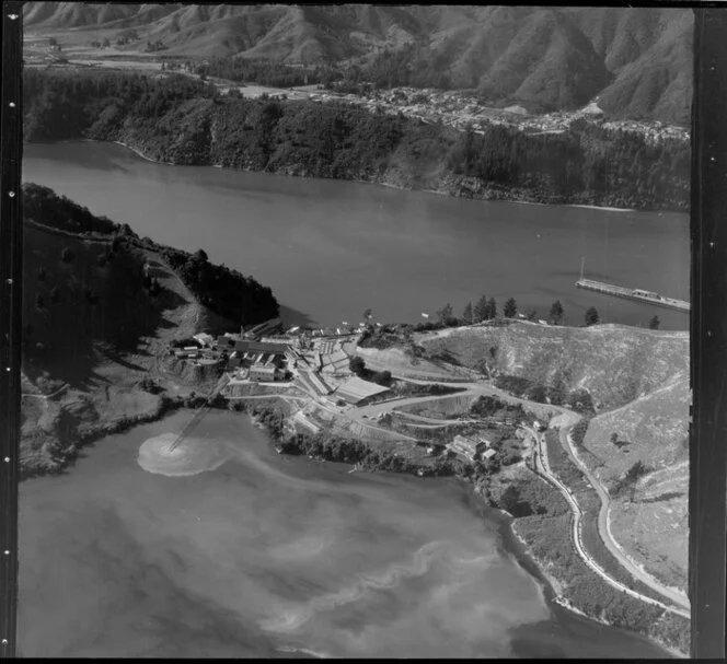 Picton, Marlborough District, featuring freezing works, harbour and Shakespeare Bay