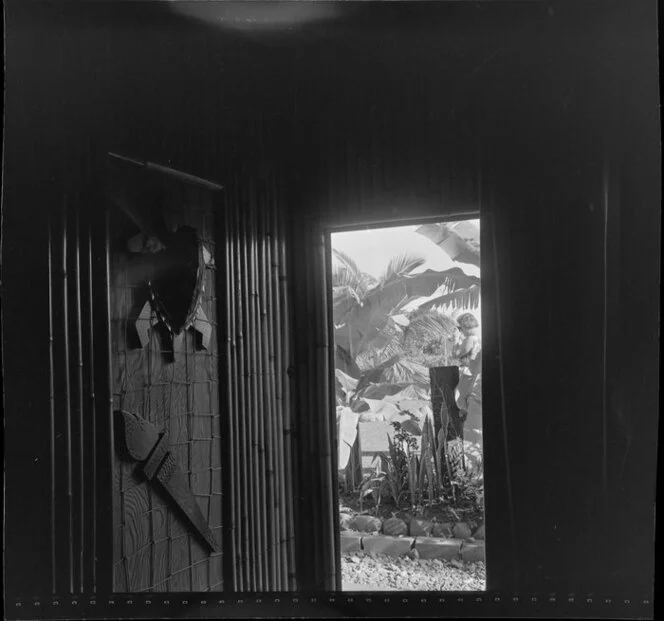 Carvings inside and view out of window, Skylodge Hotel, Nadi, Fiji