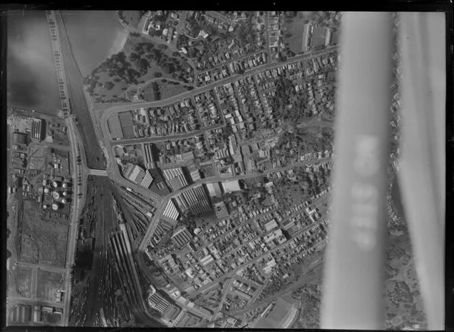 High aerial view of Parnell, Auckland, with rail yards; Parnell Rose Gardens at top