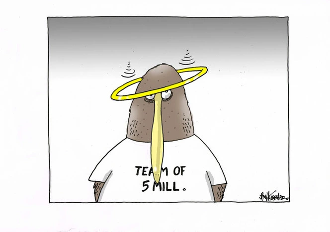 The halo falls from the head a Kiwi wearing a tee shirt labelled 'Team of 5 Mill'.