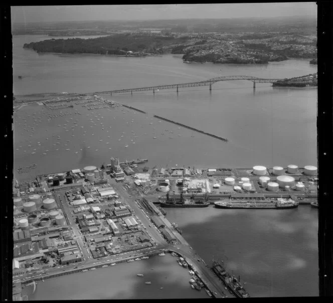 Auckland Harbour Bridge, Westhaven Marina (centre) with Tank Farm and wharves in foreground