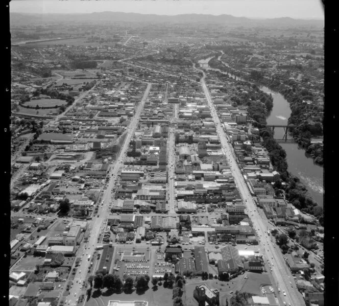 Hamilton, including Waikato River and city buildings