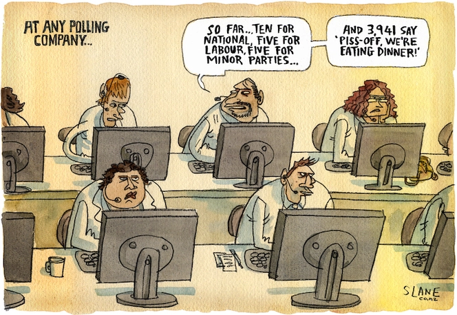 'At any polling company... "So far... ten for National, five for Labour, five for minor parties... and 3,941 say 'piss off, we're eating dinner!'" 7 June, 2008