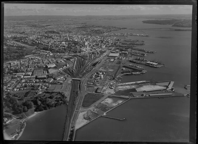 Looking toward the railway yards and wharves from Hobson Bay, Auckland