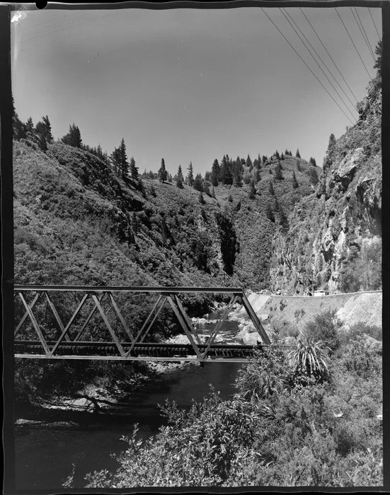 Steel truss rail bridge over Ohinemuri River in Karangahake Gorge, Hauraki District