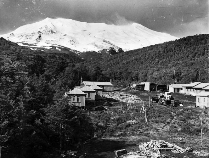 Mt Ruapehu and buildings alongside the Chateau Tongariro