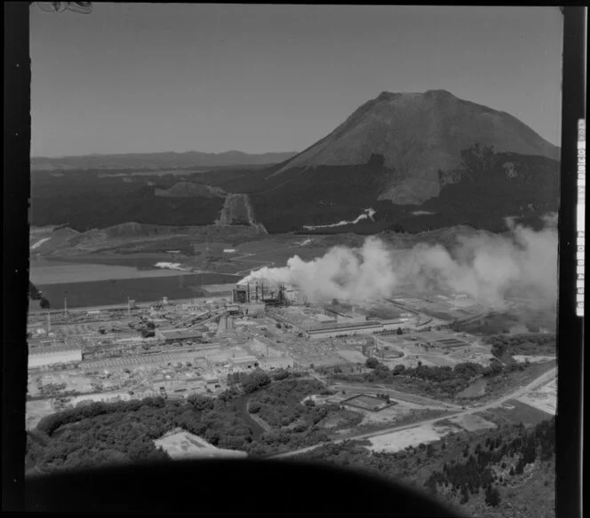 Kawerau Saw Mills, Eastern Bay of Plenty, including Mt Edgecumbe in the background