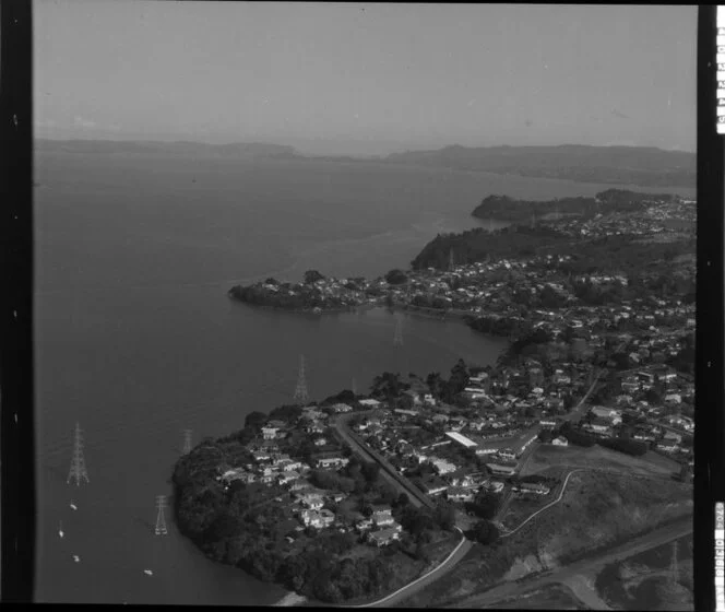 Hillsborough, with electrical pylons through the Manukau Harbour, Auckland