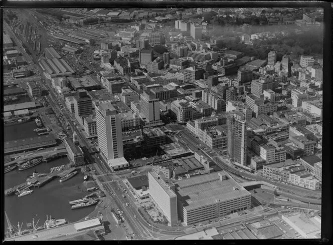 Auckland City including the wharves in the foreground