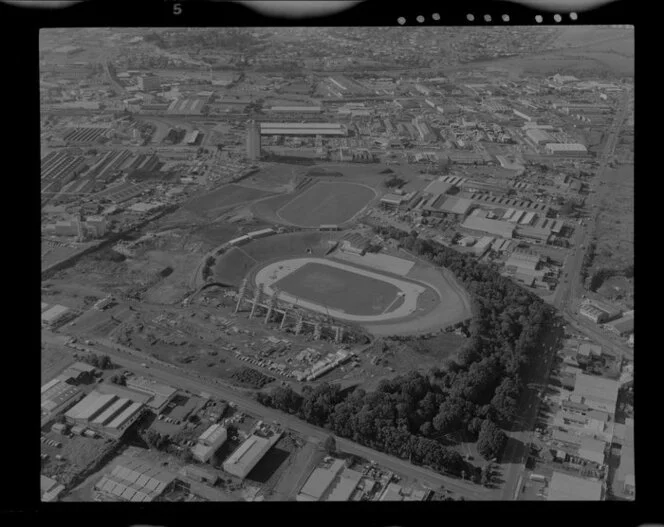 Mt Smart Stadium under construction, Penrose, Auckland, including factories and business premises