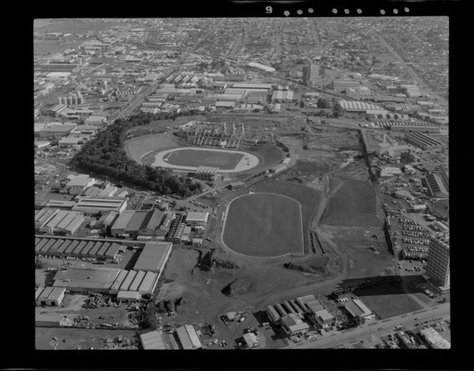 Mt Smart Stadium under construction, Penrose, Auckland, including factories and business premises