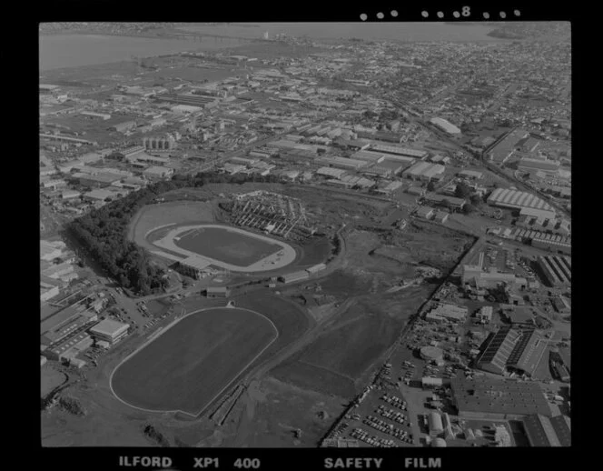 Mt Smart Stadium under construction, Penrose, Auckland, including factories and business premises