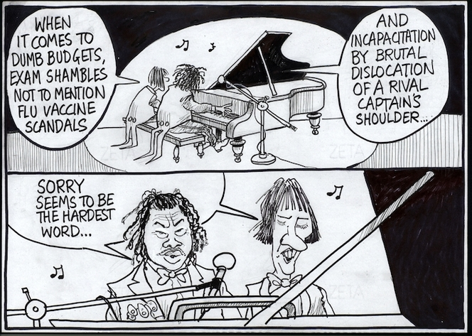 Scott, Thomas, 1947- :"When it comes to dumb budgets, exam shambles not to mention flu vaccine scandals - and incapacitation by brutal dislocation of a rival captain's shoulder...sorry seems to be the hardest word..." Dominion Post, 30 June 2005.