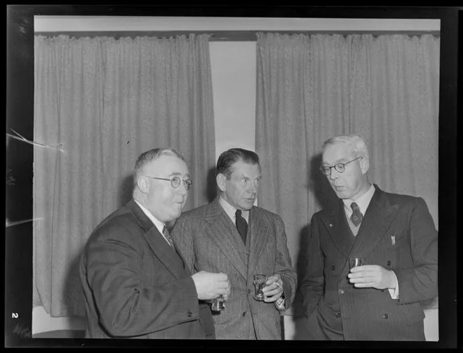 Bristol Freighter Tour, reception at Wellington, St George Hotel, (left) Mr W Appleton, Mayor of Wellington, Mr R C Kean, air accidents inspector, and Mr Davis, British Aircraft Ltd