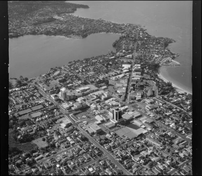 Takapuna city centre with part of Lake Pupuke, Auckland