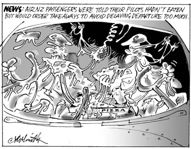 News. Air New Zealand passengers were told their pilots hadn't eaten but would order takeaways to avoid delaying departure too much." 25 July, 2007