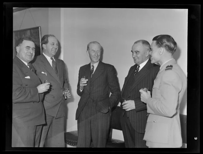 Bristol Freighter Tour, cocktail party, St George Hotel, Wellington, (from left to right) Mr F E Sander, navigator, with Messers J Sawers, C W Salmond, N E Higgs and E A Gibson