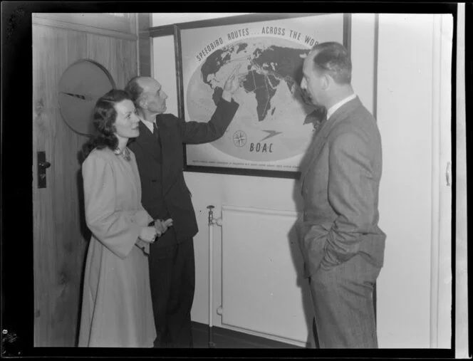 Miss Auckland, Miss M Morris and Mr P Hood, Sydney BOAC representative