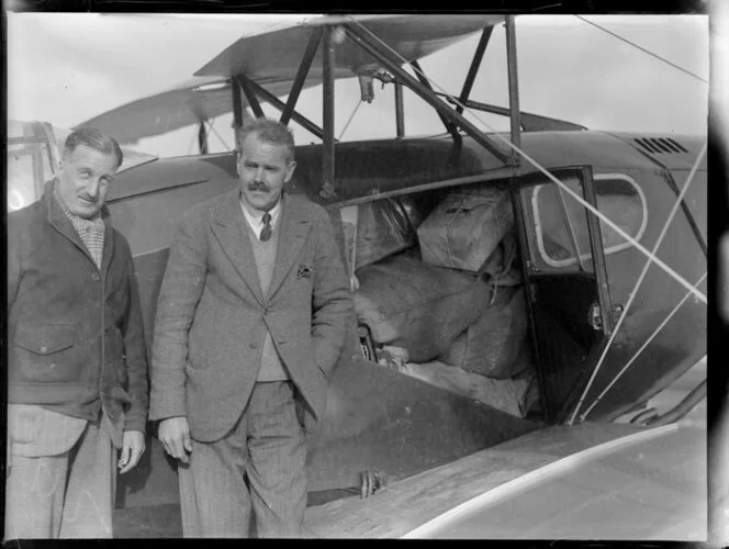 Mail stowed in Air Travel N Z Ltd aeroplane with Captain J D Hewitt and Captain Mercer