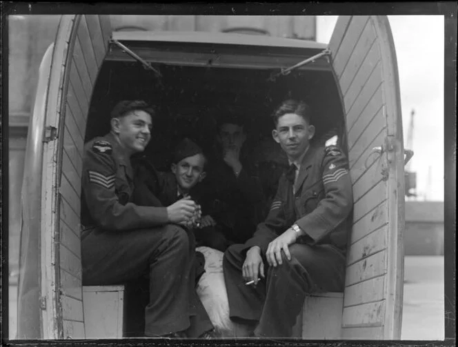 ATC [Air Training Corps] weekend camp, Whenuapai, senior NCOs: Sergeant Godbier, Sergeant Holling, Flight Sergeant Elliot