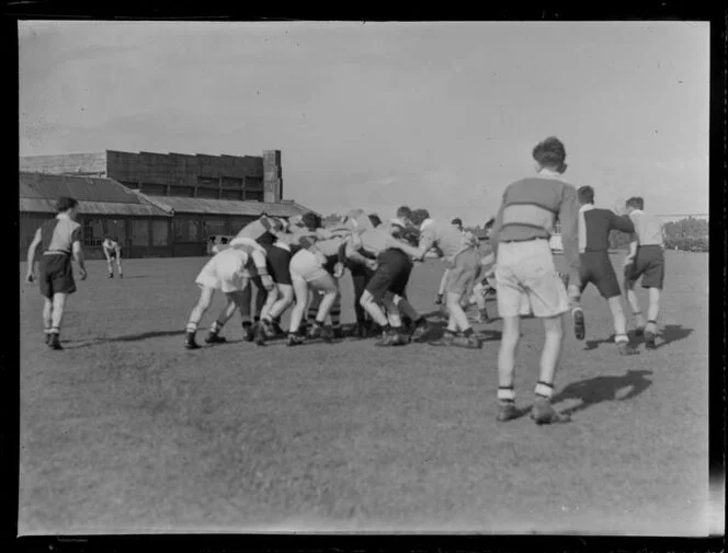 ATC [Air Training Corps] weekend camp, Whenuapai: rugby at Hobsonville, 65 Thames squadron vs Auckland squadrons