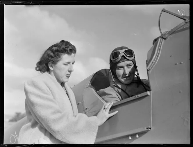 Miss S Murphy and Miss M Gale, (seated in plane), Palmerston North, Middle Districts Aero Club pilots