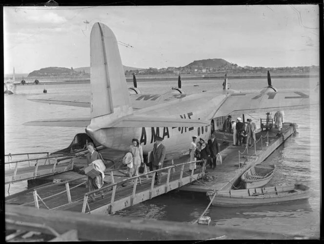 Passengers disembarking from Sunderland aircraft Aotearoa