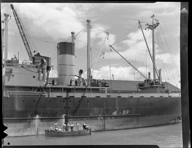 Crew of Komata at lifeboat drill at central wharf, Auckland