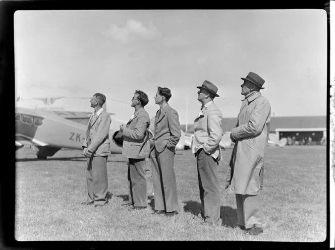 Marlborough Aero Club members, from left R Daines, H R Gluyas, J Wright, H R Hester, J E Barker, at the Royal New Zealand Aero Club pageant in Dunedin