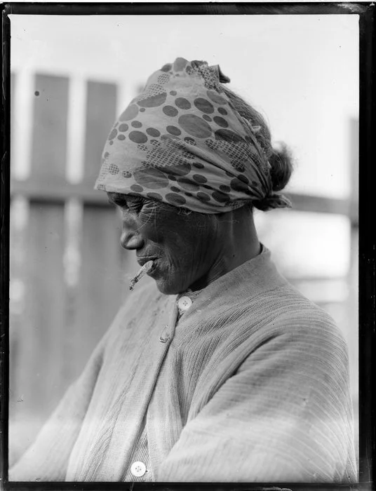 Portrait of an unidentified kuia smoking, location unidentified