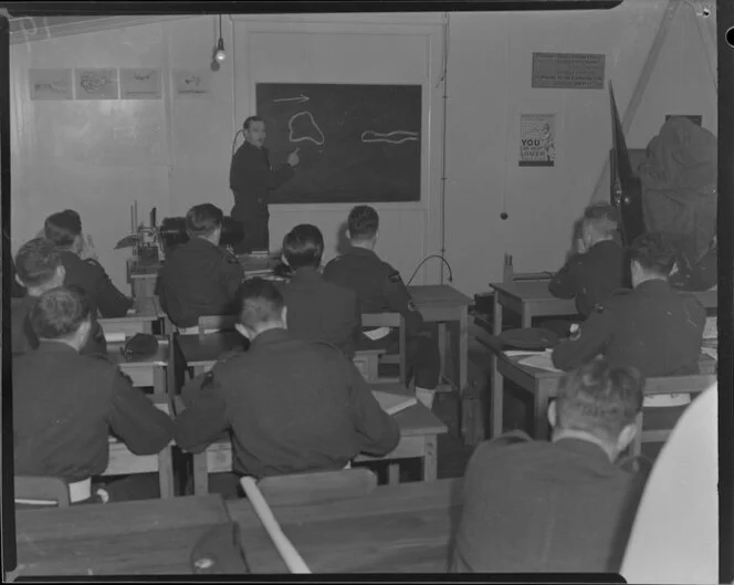 Flight Lieutenant A L Parlane, during a pilot cadet training class, Wigram, Christchurch