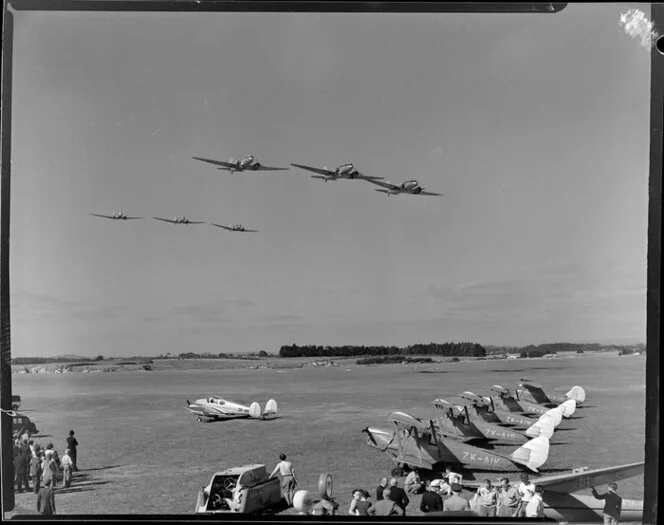Royal New Zealand Air Command RAC pageant at Mangere, Dakotas in formation